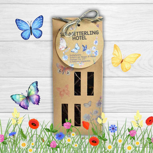 Schmetterlingshotel aus Pappe mit Saattüte