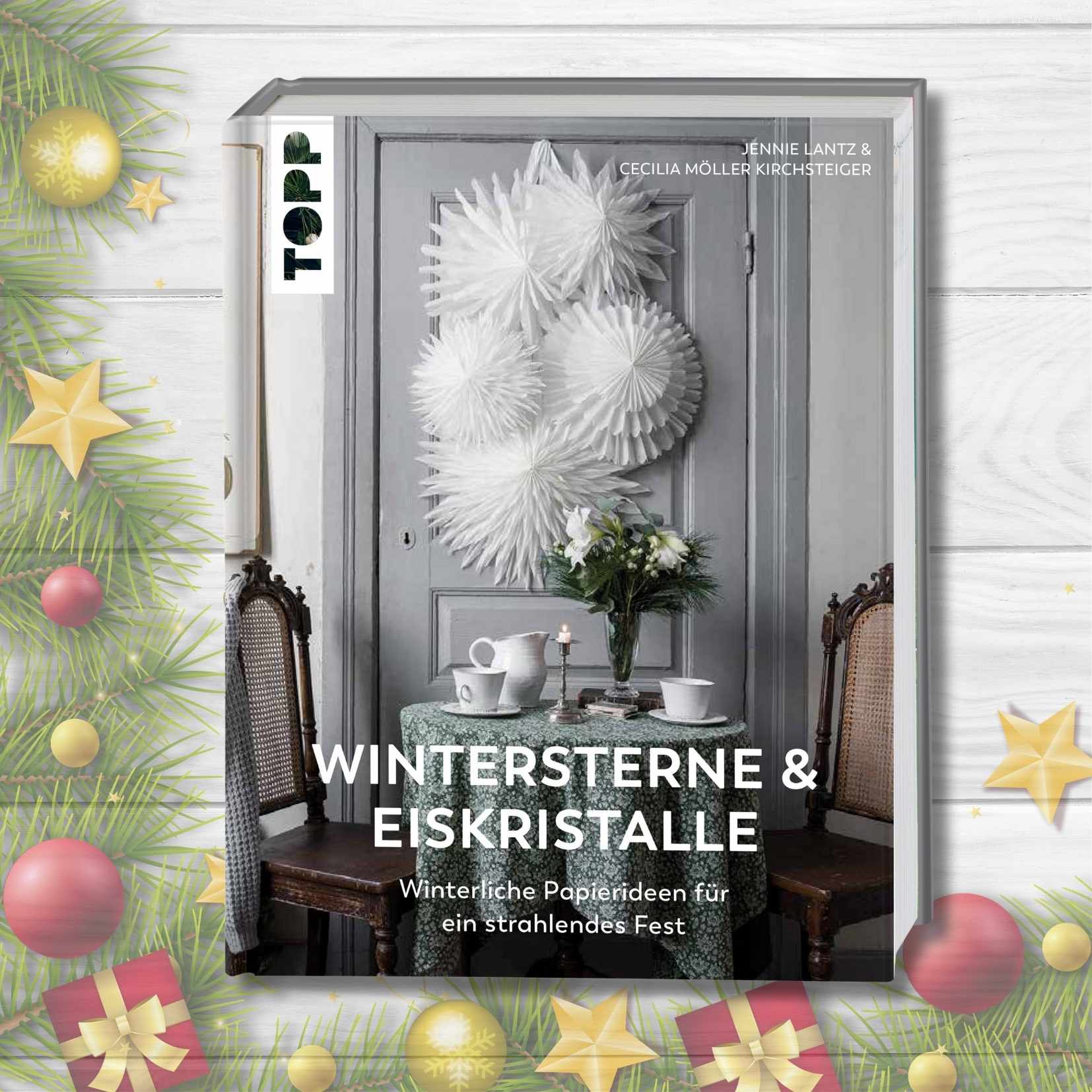 Cover des Bastelbuchs „Wintersterne & Eiskristalle“ – Papiersterne und Schneeflocken basteln im skandinavischen Stil, Topp-Verlag