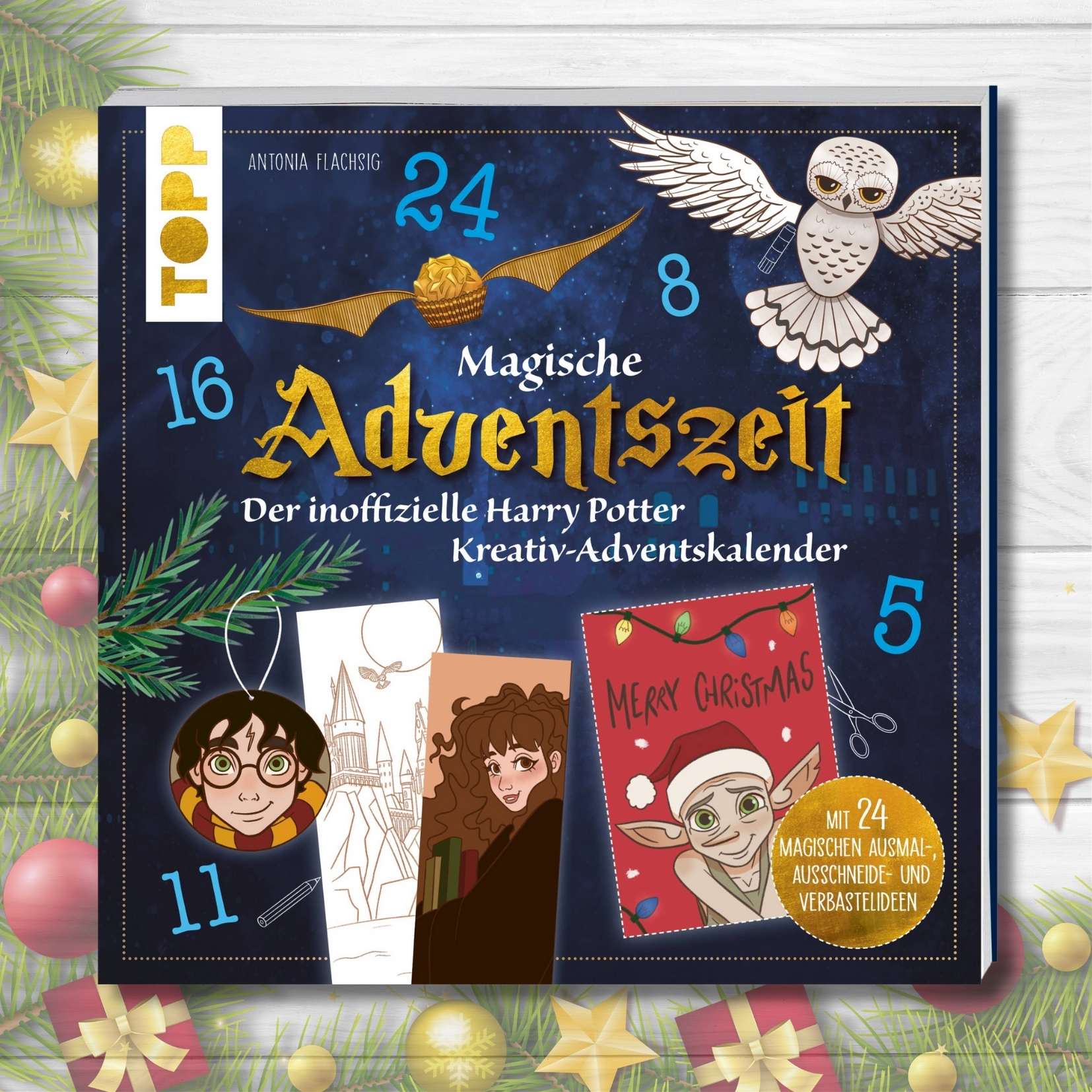 Bild der Titelseite des Buches "Magische Adventszeit: Der inoffizielle Harry Potter Adventskalender". Abbildungen von Lesezeichen, Bildern, Anhängern, die man hiermit basteln kann.